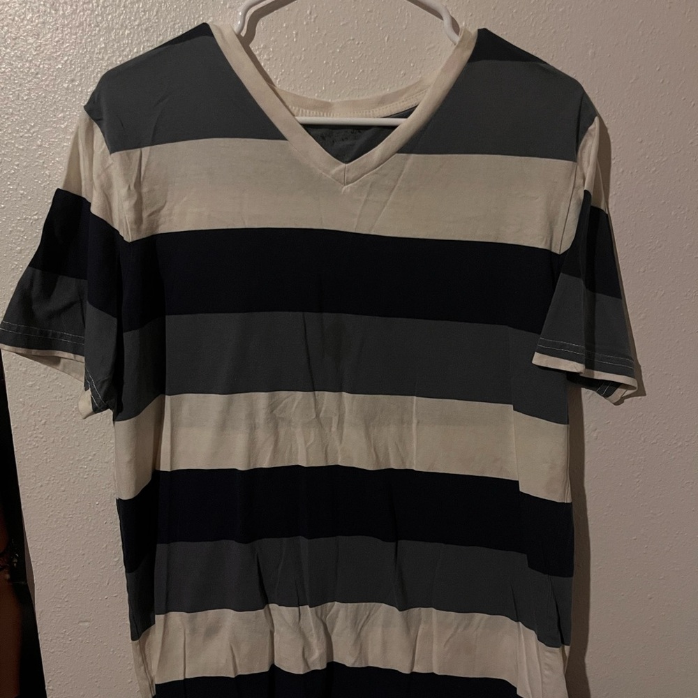 Men's Striped V-Neck Shirt - Black, Gray, and White